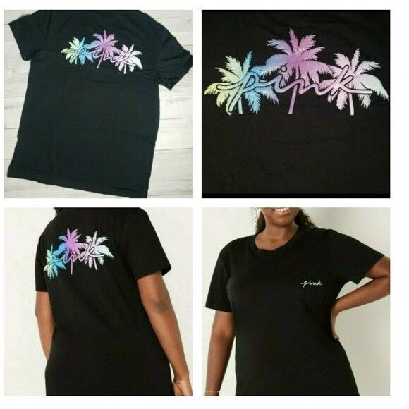 VS PINK PALM TREE SHINE CAMPUS TEE SHIRT L - Picture 1 of 5